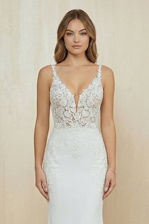 V Neck Satin Mermaid Appliqued Wedding Dress in White - KISS BRIDAL Wedding Dresses