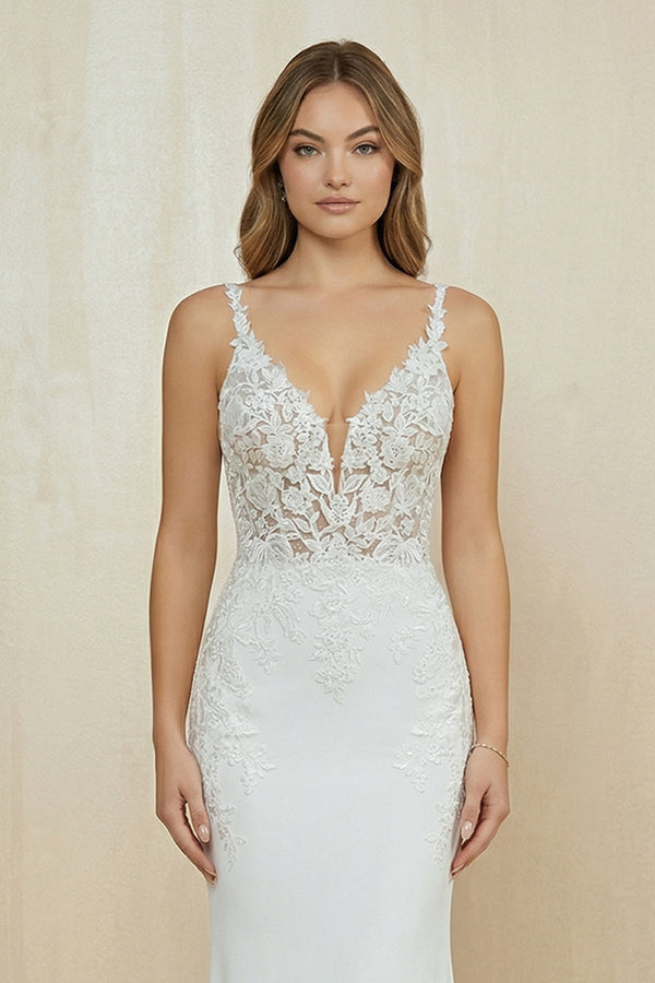 V Neck Satin Mermaid Appliqued Wedding Dress in White - KISS BRIDAL Wedding Dresses