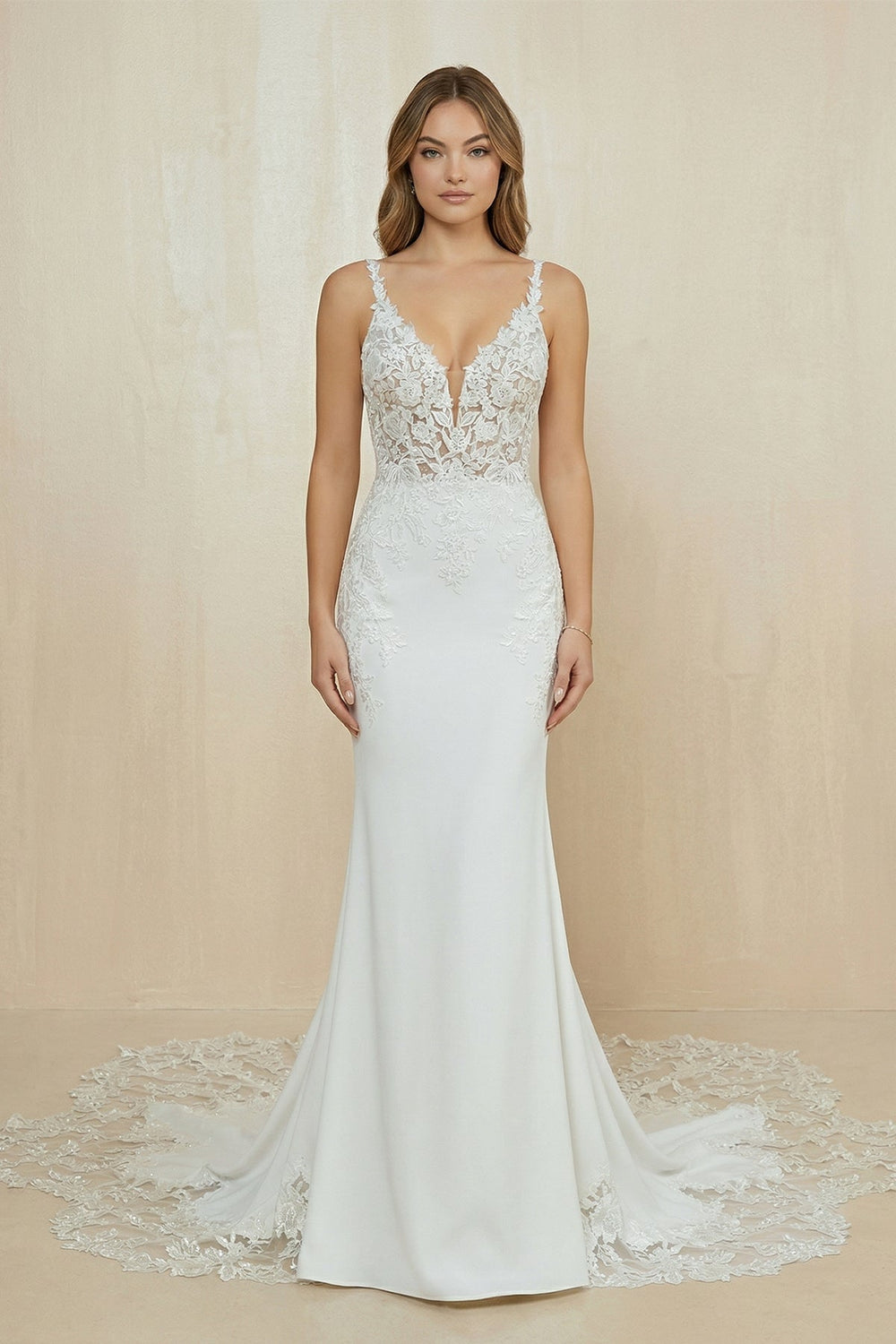 Plunging Satin Mermaid Appliqued Wedding Dress in White