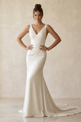 V - Neck Satin Mermaid Maxi Wedding Dress in White - KISS BRIDAL Wedding Dresses