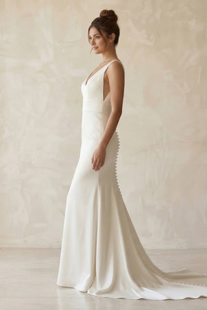 V - Neck Satin Mermaid Maxi Wedding Dress in White - KISS BRIDAL Wedding Dresses