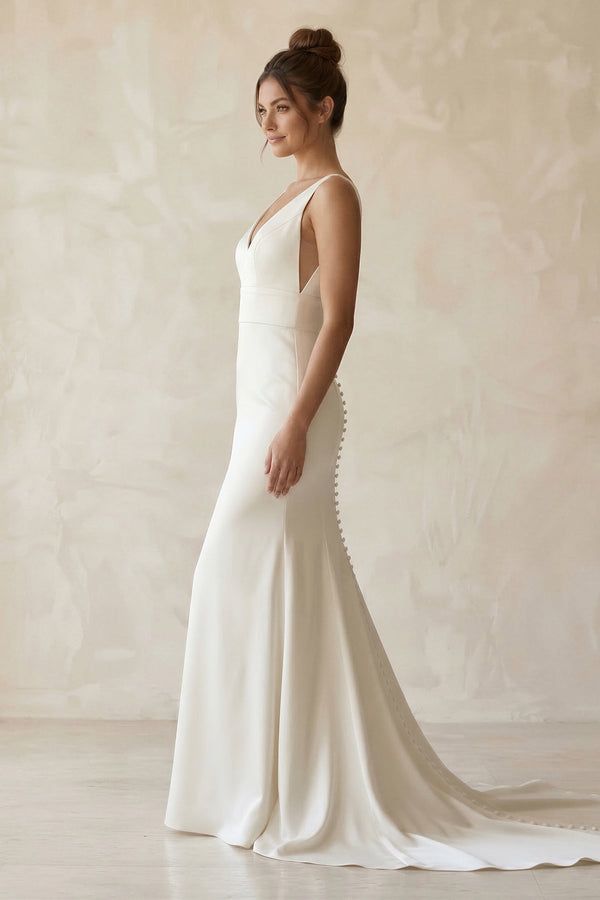 V - Neck Satin Mermaid Maxi Wedding Dress in White - KISS BRIDAL Wedding Dresses