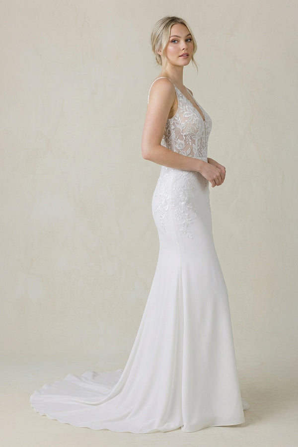 V Neck Satin Mermaid Wedding Dress in White - KISS BRIDAL Wedding Dresses