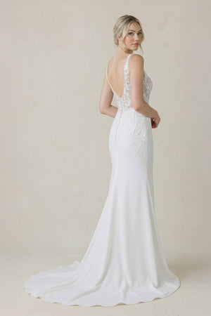 V Neck Satin Mermaid Wedding Dress in White - KISS BRIDAL Wedding Dresses