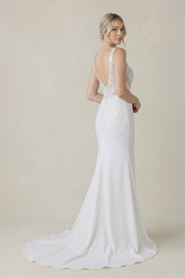 V Neck Satin Mermaid Wedding Dress in White - KISS BRIDAL Wedding Dresses
