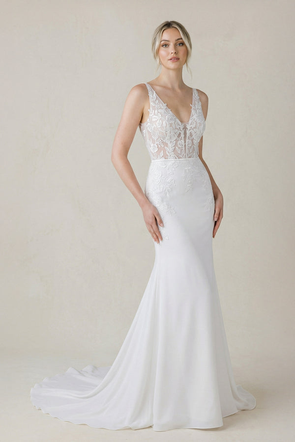V Neck Satin Mermaid Wedding Dress in White - KISS BRIDAL Wedding Dresses