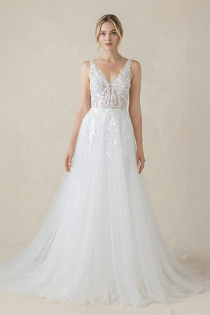 V Neck Satin Mermaid Wedding Dress in White