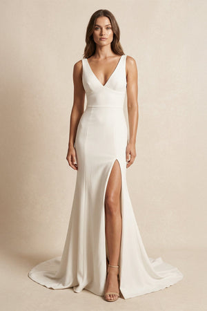V - Neck Satin Mermaid Wedding Dress With Slit in Ivory - KISS BRIDAL Wedding Dresses