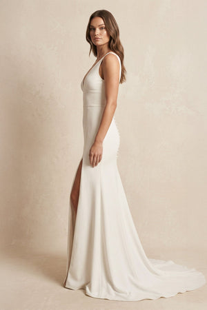 V - Neck Satin Mermaid Wedding Dress With Slit in Ivory - KISS BRIDAL Wedding Dresses