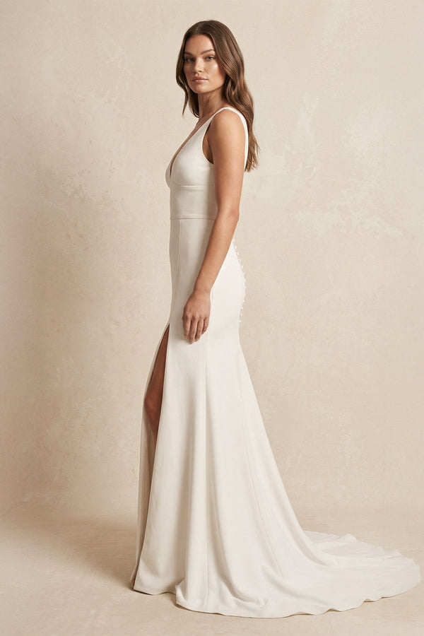 V - Neck Satin Mermaid Wedding Dress With Slit in Ivory - KISS BRIDAL Wedding Dresses