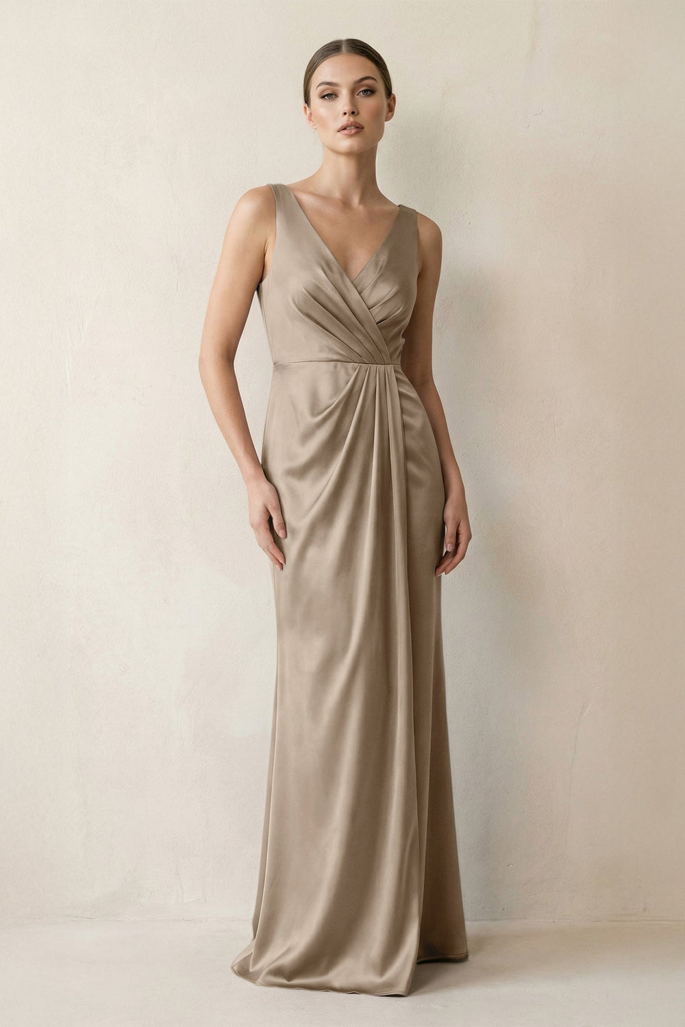 V-Neck Satin Ruched Sheath Bridesmaid Dress in Almond