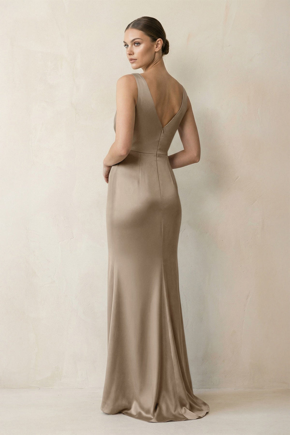 V-Neck Satin Ruched Sheath Bridesmaid Dress in Almond