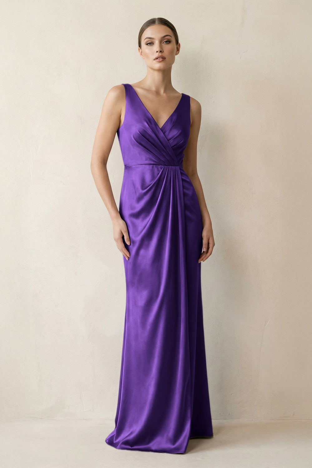 V-Neck Satin Ruched Sheath Bridesmaid Dress in Amethyst