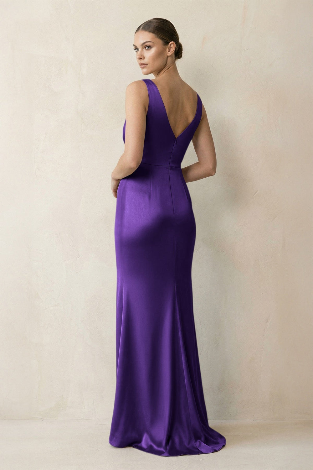 V-Neck Satin Ruched Sheath Bridesmaid Dress in Amethyst