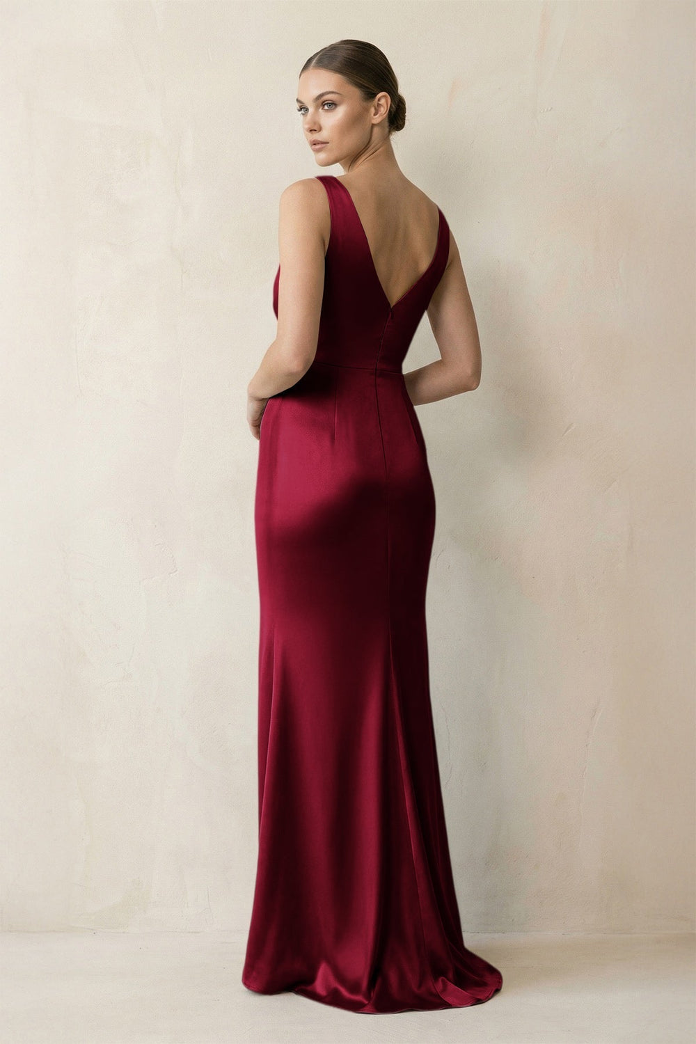 V-Neck Satin Ruched Sheath Bridesmaid Dress in Berry