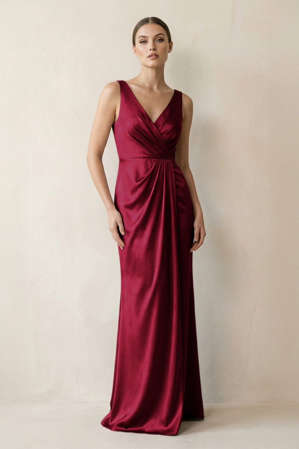 V-Neck Satin Ruched Sheath Bridesmaid Dress in Berry