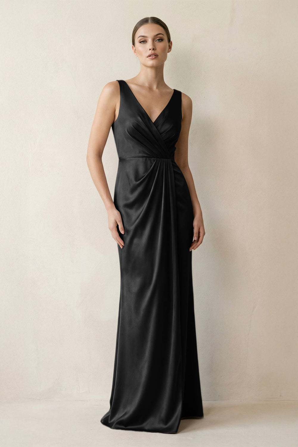 V-Neck Satin Ruched Sheath Bridesmaid Dress in Black