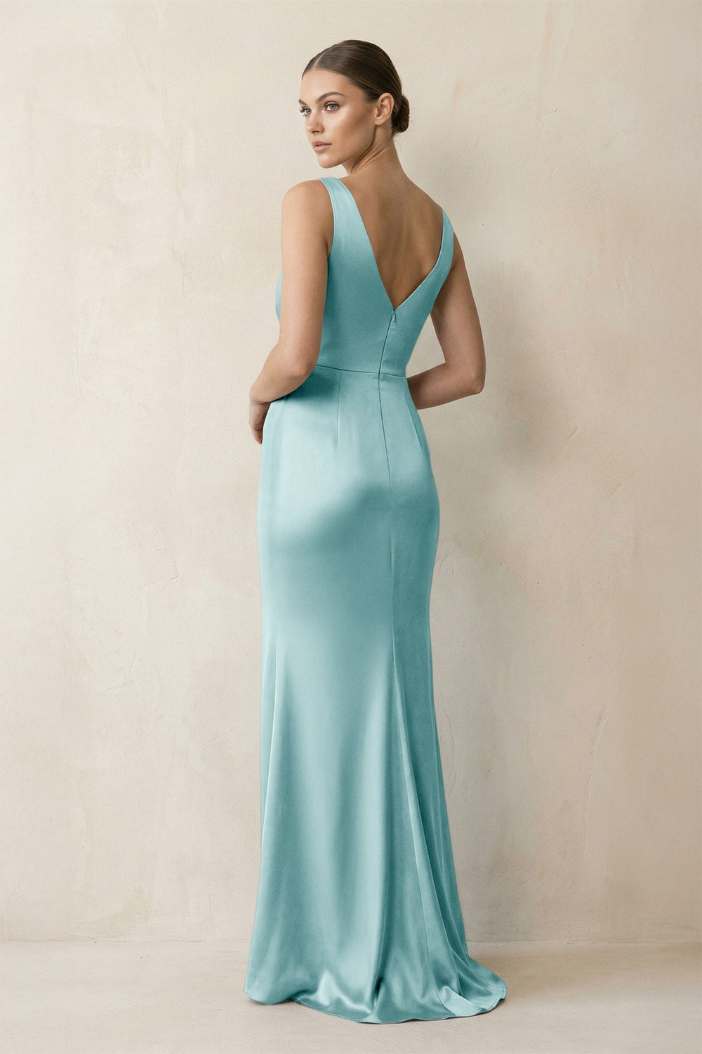 V-Neck Satin Ruched Sheath Bridesmaid Dress in Bleached Aqua