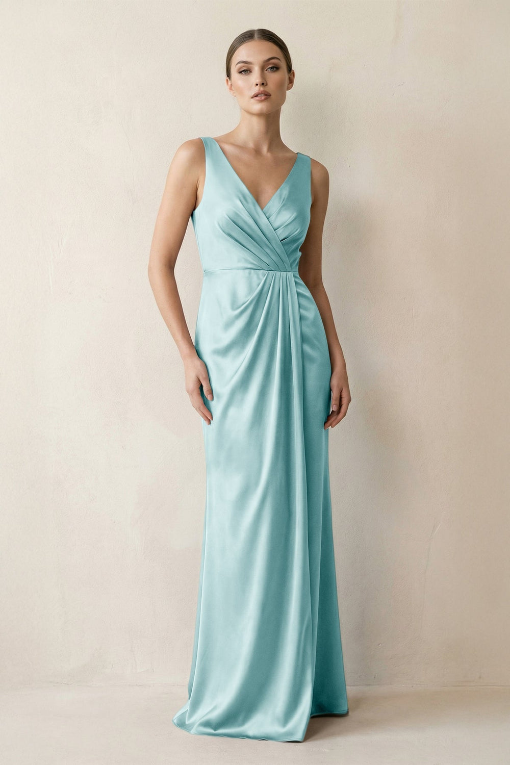V-Neck Satin Ruched Sheath Bridesmaid Dress in Bleached Aqua