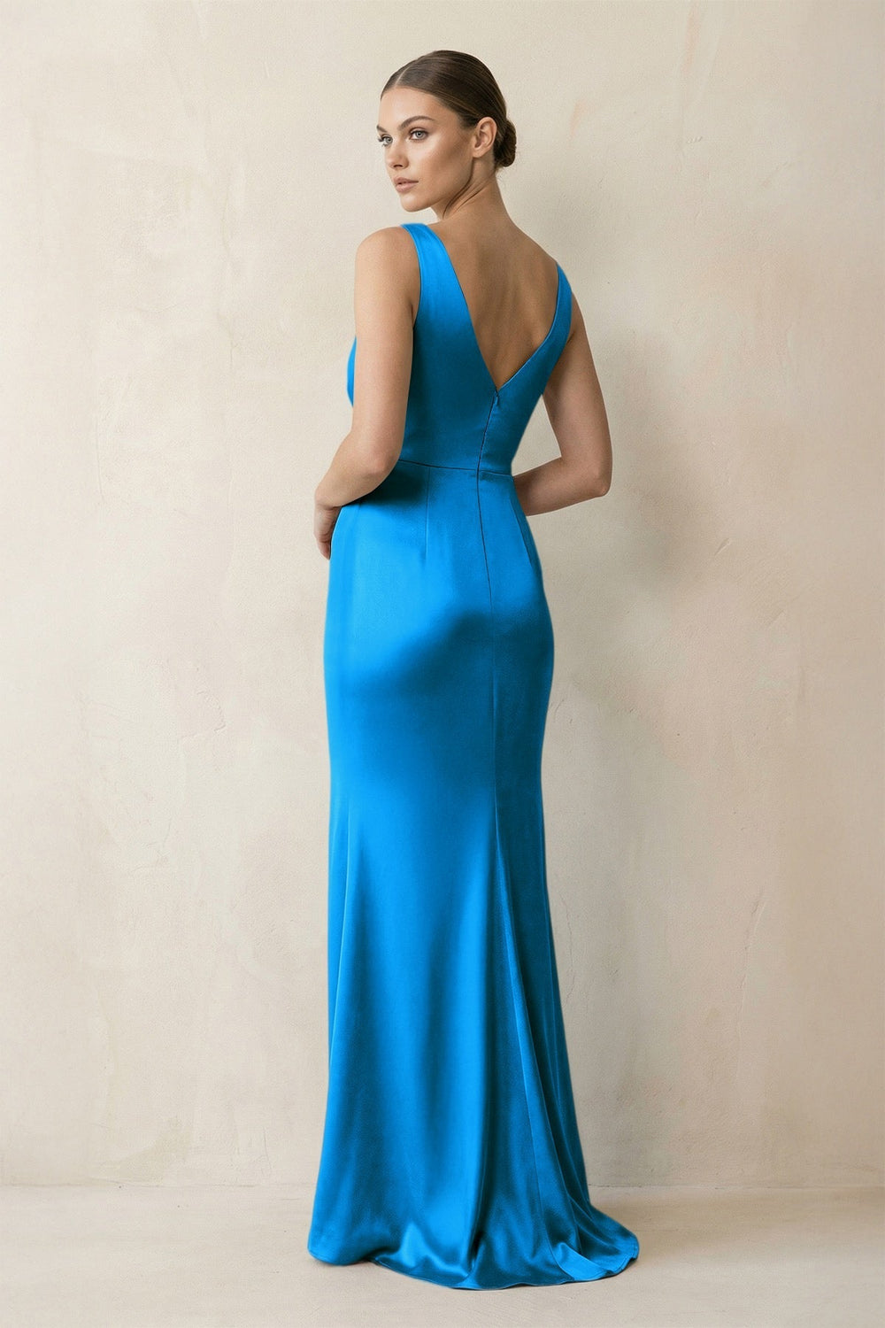 V-Neck Satin Ruched Sheath Bridesmaid Dress in Blue Jay