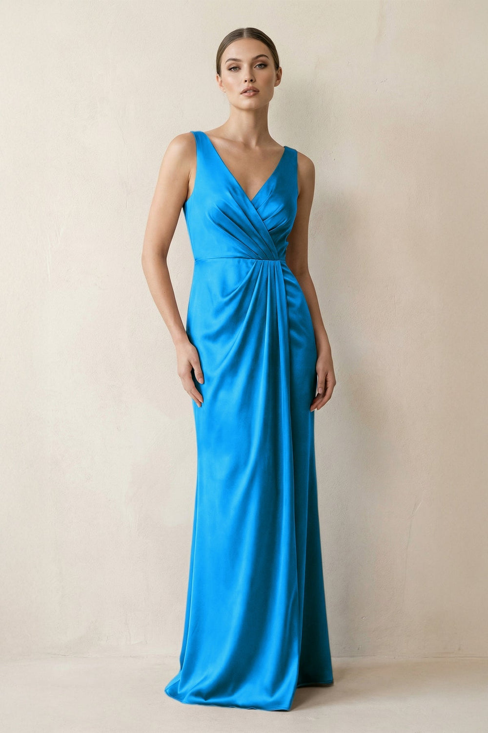 V-Neck Satin Ruched Sheath Bridesmaid Dress in Blue Jay