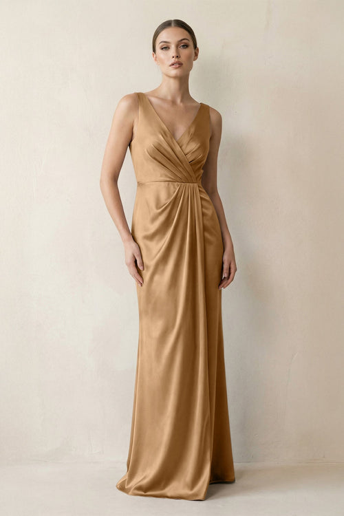 V - Neck Satin Ruched Sheath Bridesmaid Dress in Bronzer - KISS BRIDAL Bridesmaid Dresses