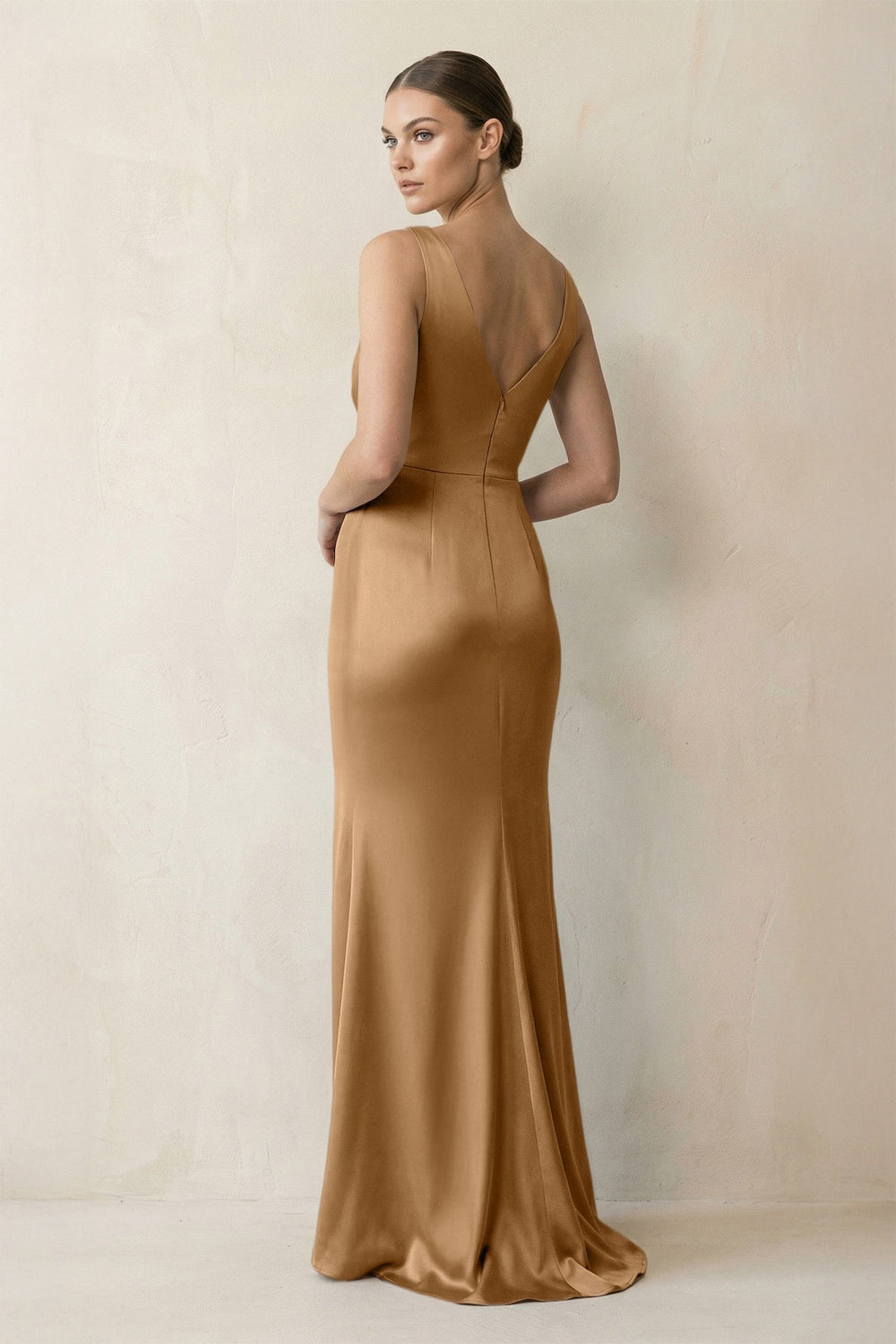 V-Neck Satin Ruched Sheath Bridesmaid Dress in Bronzer