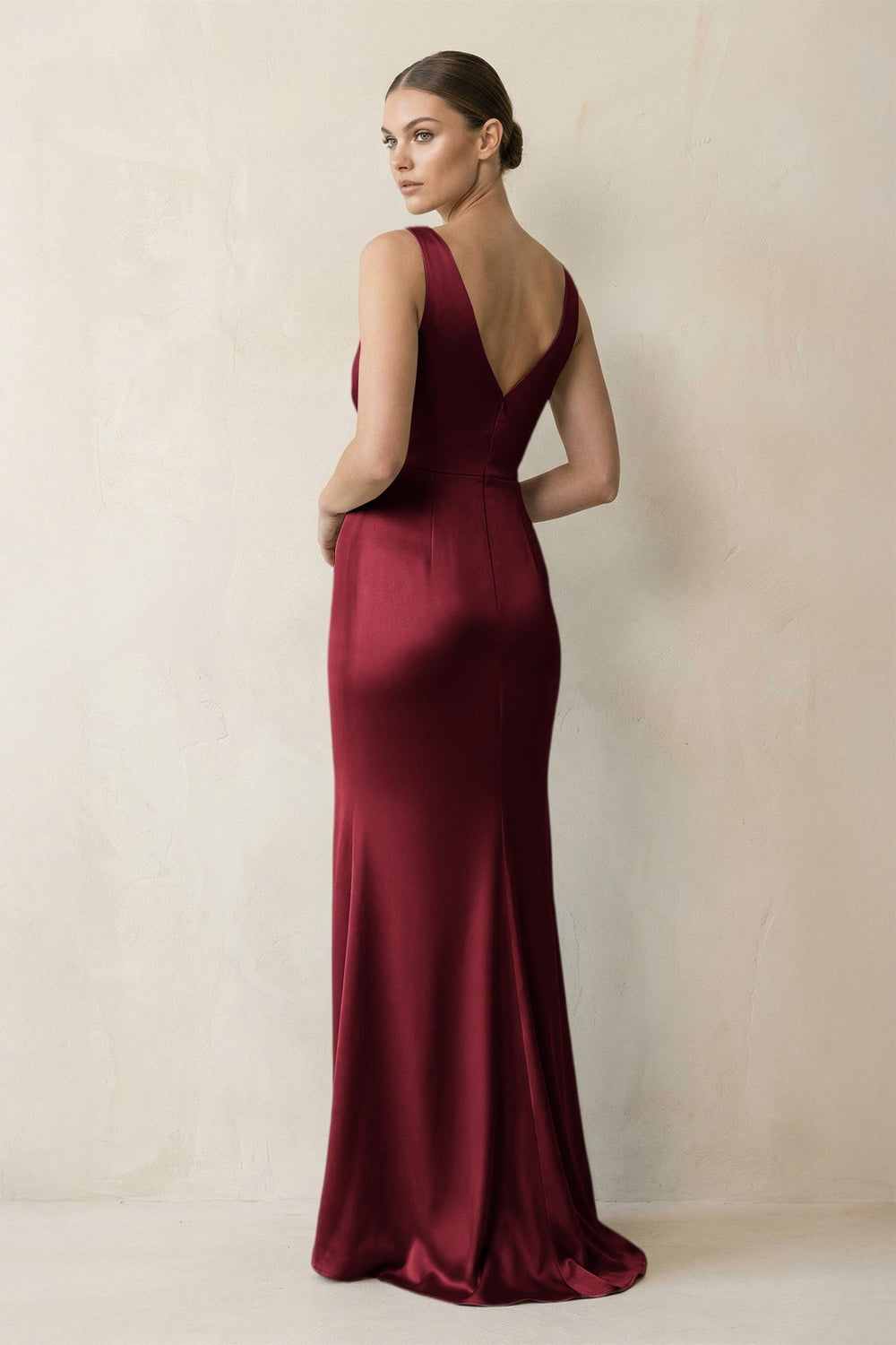 V-Neck Satin Ruched Sheath Bridesmaid Dress in Burgundy