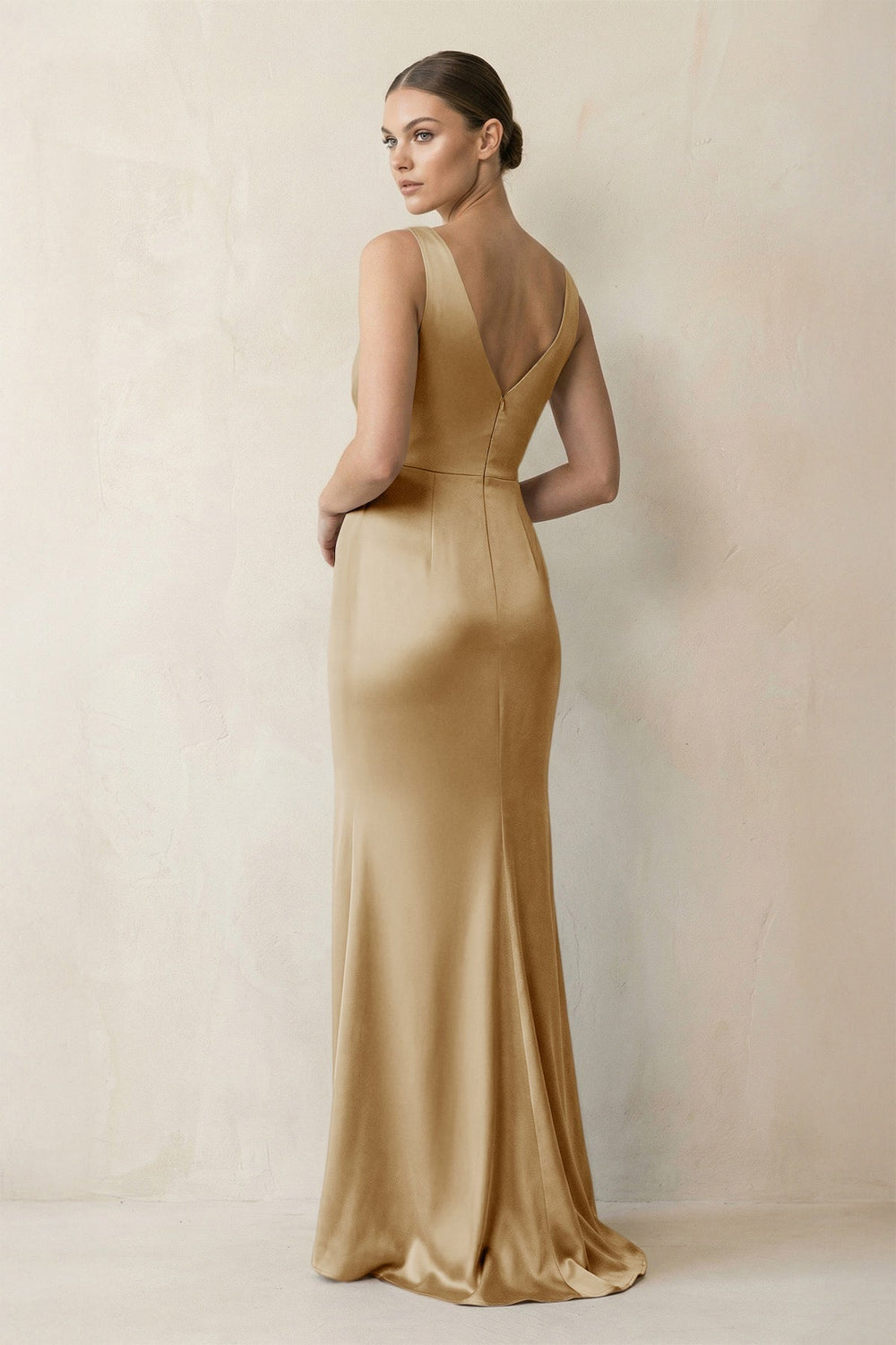 V-Neck Satin Ruched Sheath Bridesmaid Dress in Champagne