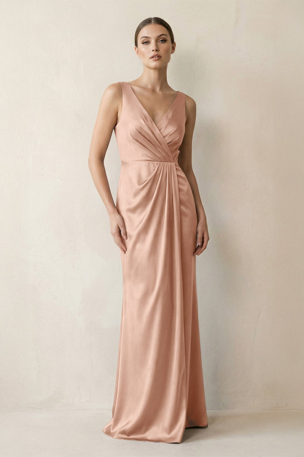V-Neck Satin Ruched Sheath Bridesmaid Dress in Champagne Rose