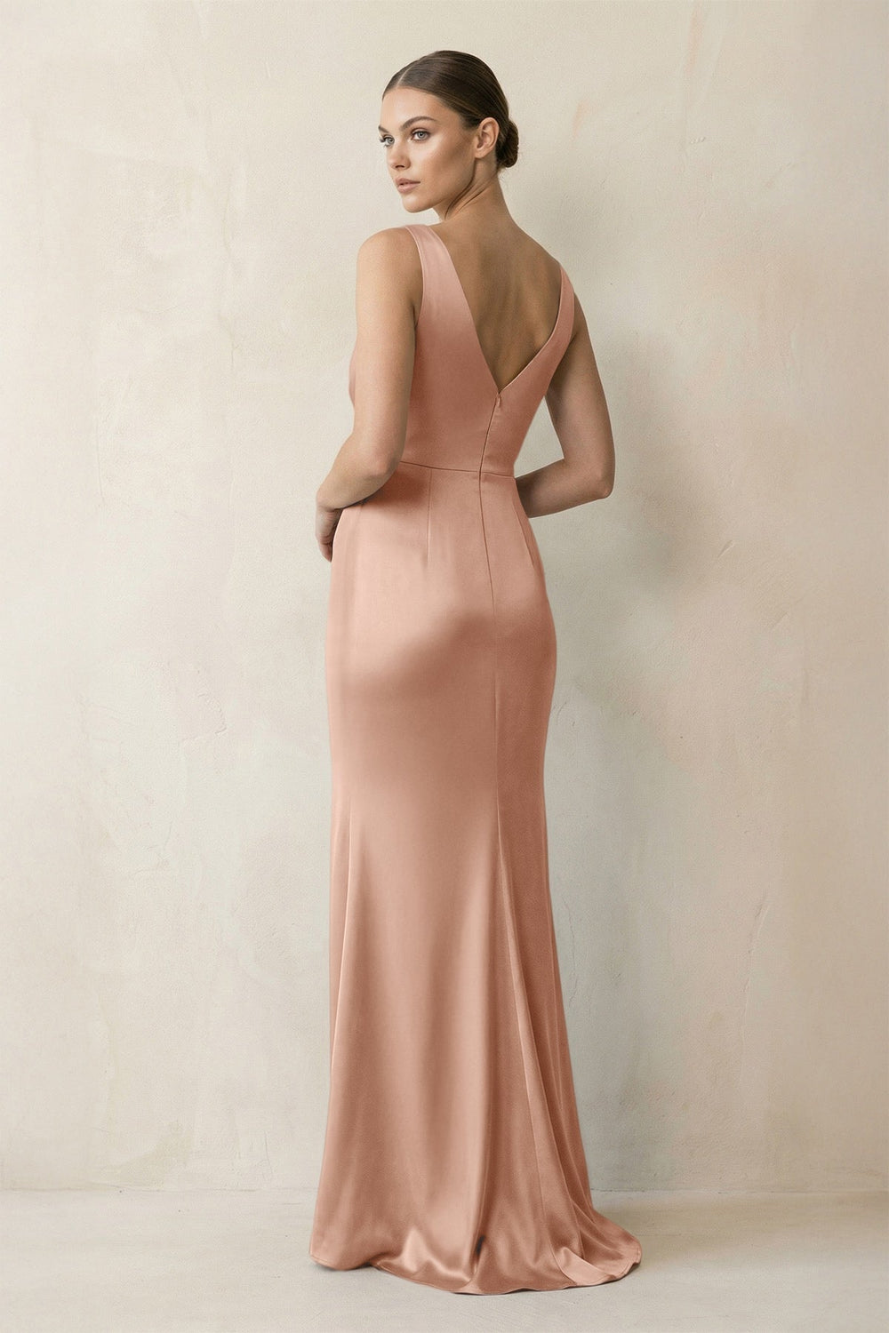 V-Neck Satin Ruched Sheath Bridesmaid Dress in Champagne Rose
