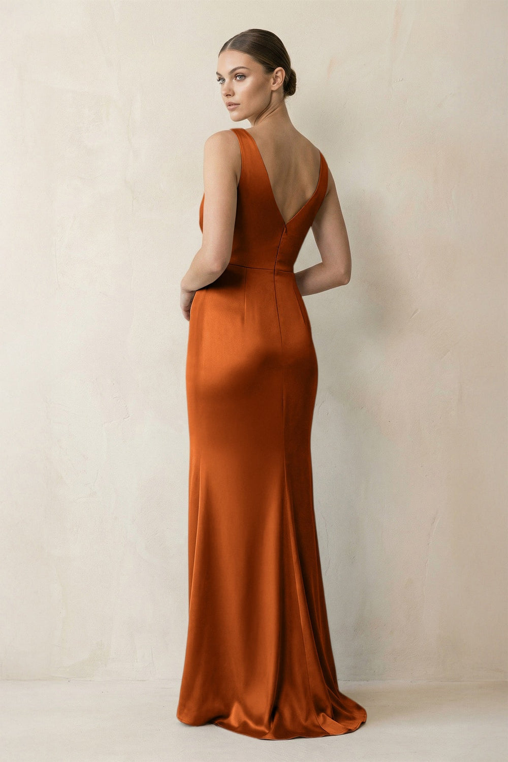V-Neck Satin Ruched Sheath Bridesmaid Dress in Cinnamon