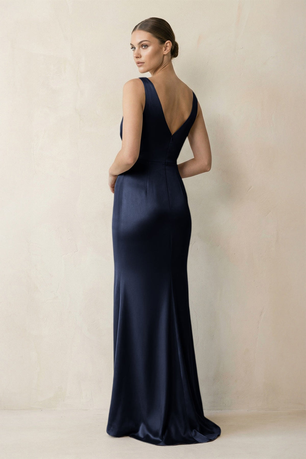 V-Neck Satin Ruched Sheath Bridesmaid Dress in Dark Navy