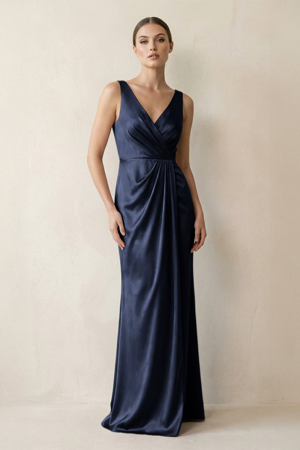 V-Neck Satin Ruched Sheath Bridesmaid Dress in Dark Navy