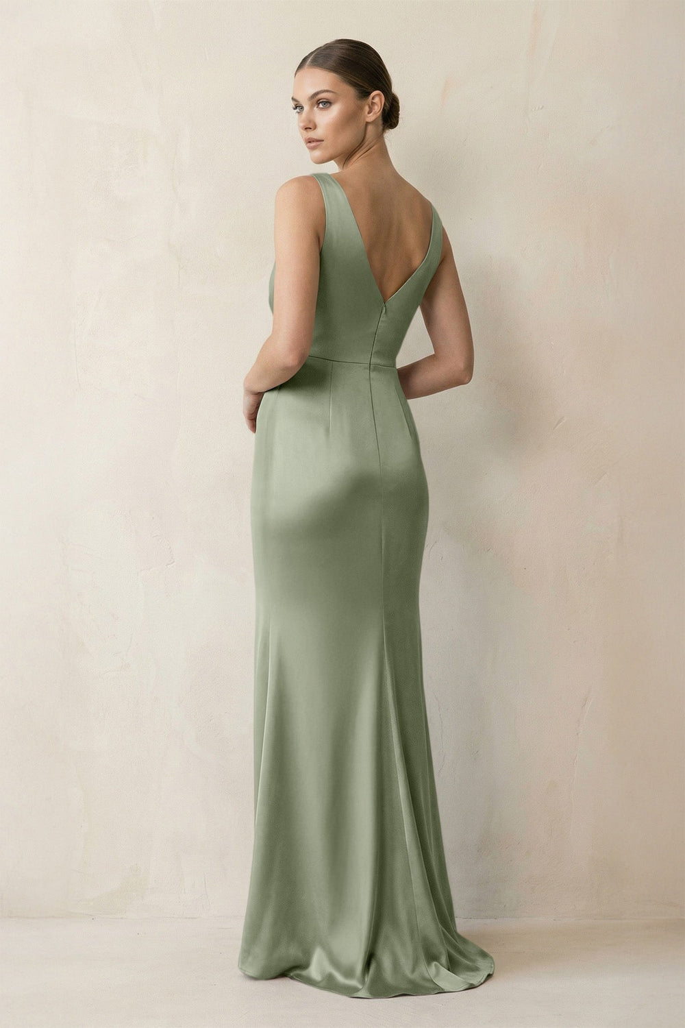 V-Neck Satin Ruched Sheath Bridesmaid Dress in Dove Gray