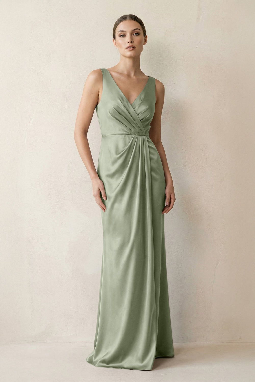 V-Neck Satin Ruched Sheath Bridesmaid Dress in Dove Gray