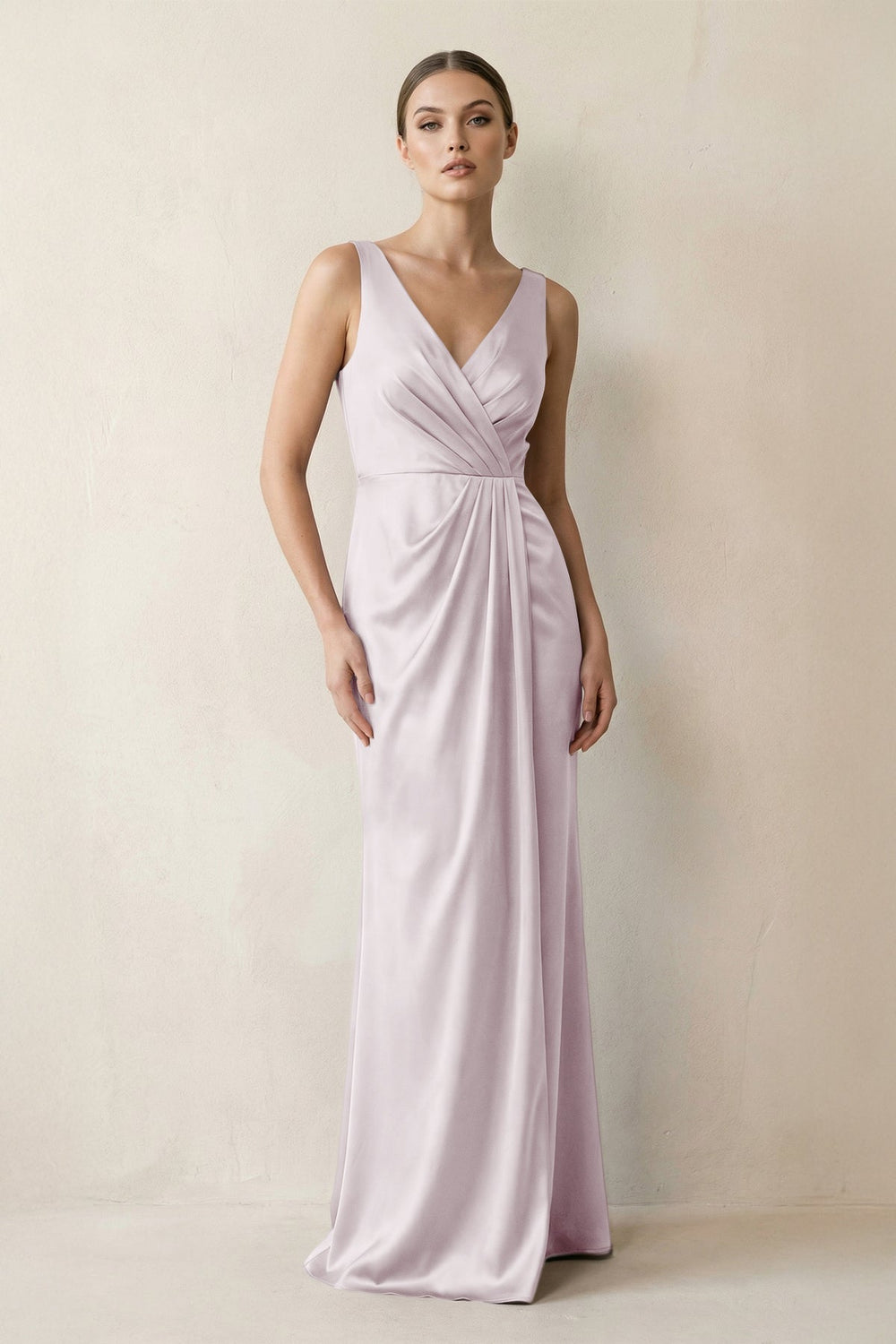 V-Neck Satin Ruched Sheath Bridesmaid Dress in Dusk
