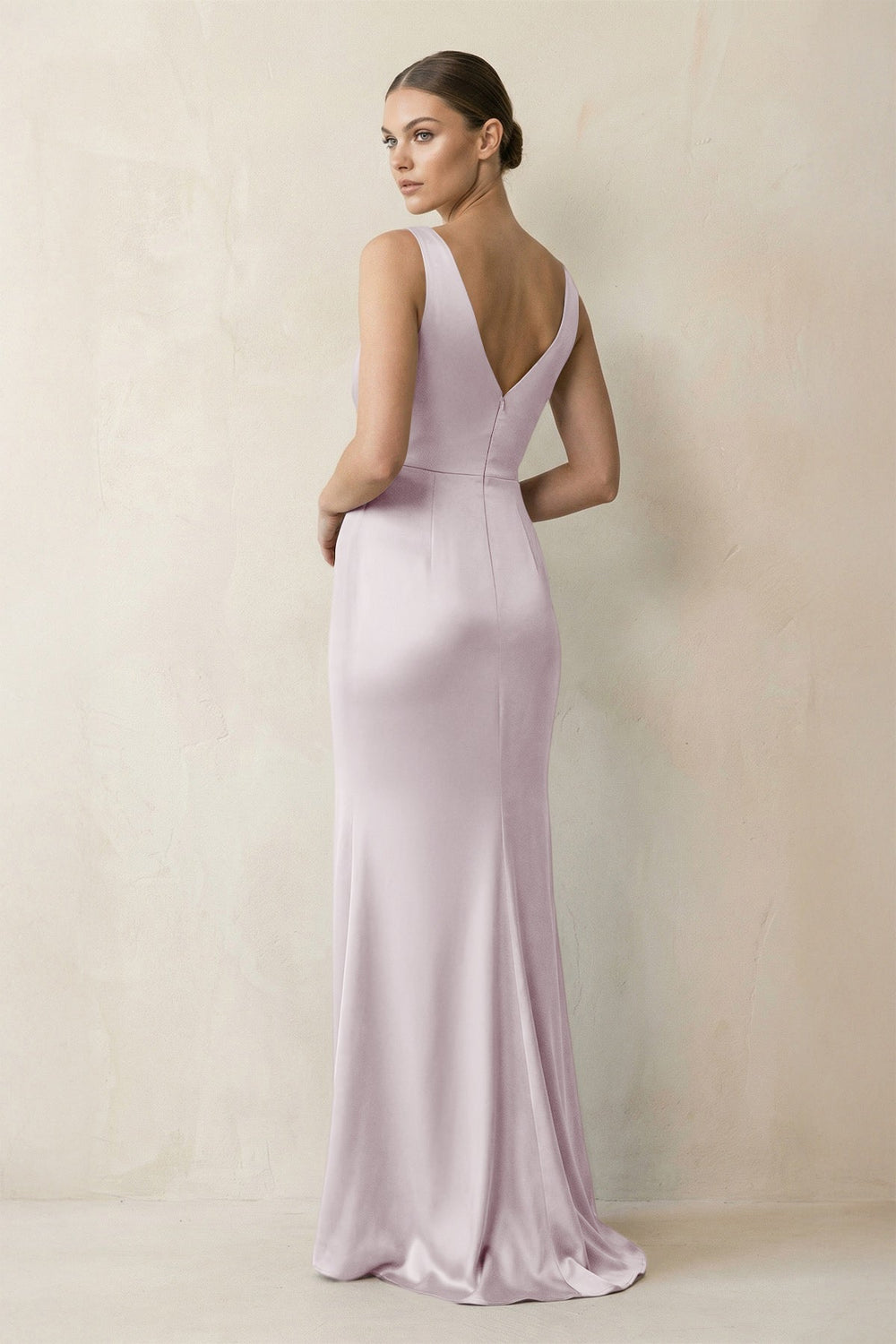 V-Neck Satin Ruched Sheath Bridesmaid Dress in Dusk