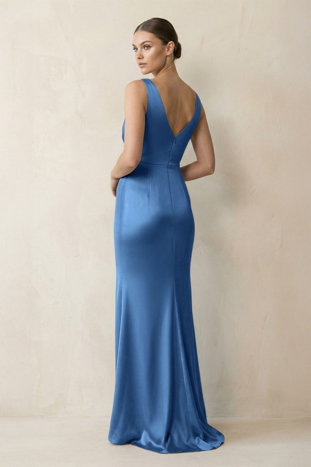 V-Neck Satin Ruched Sheath Bridesmaid Dress in Dusty Blue