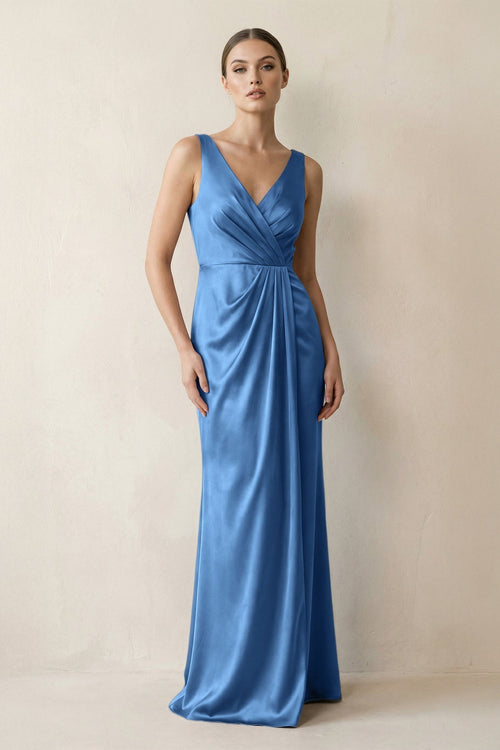 V - Neck Satin Ruched Sheath Bridesmaid Dress in Dusty Blue - KISS BRIDAL Bridesmaid Dresses