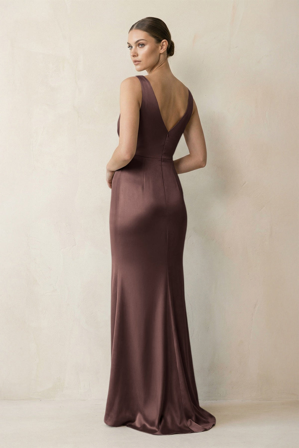 V-Neck Satin Ruched Sheath Bridesmaid Dress in Espresso