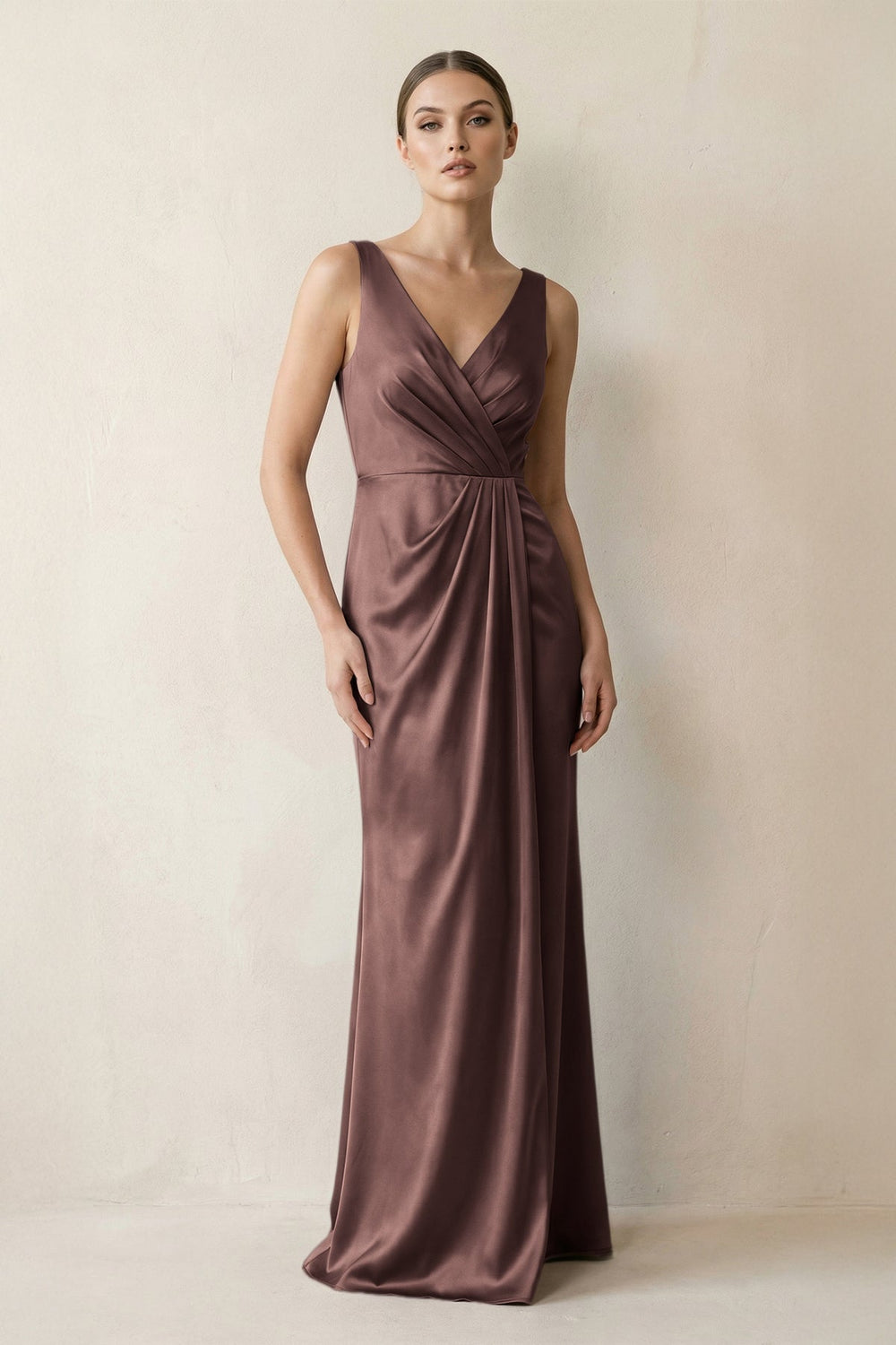 V-Neck Satin Ruched Sheath Bridesmaid Dress in Espresso