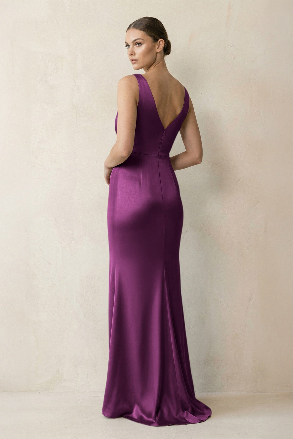 V-Neck Satin Ruched Sheath Bridesmaid Dress in Fig