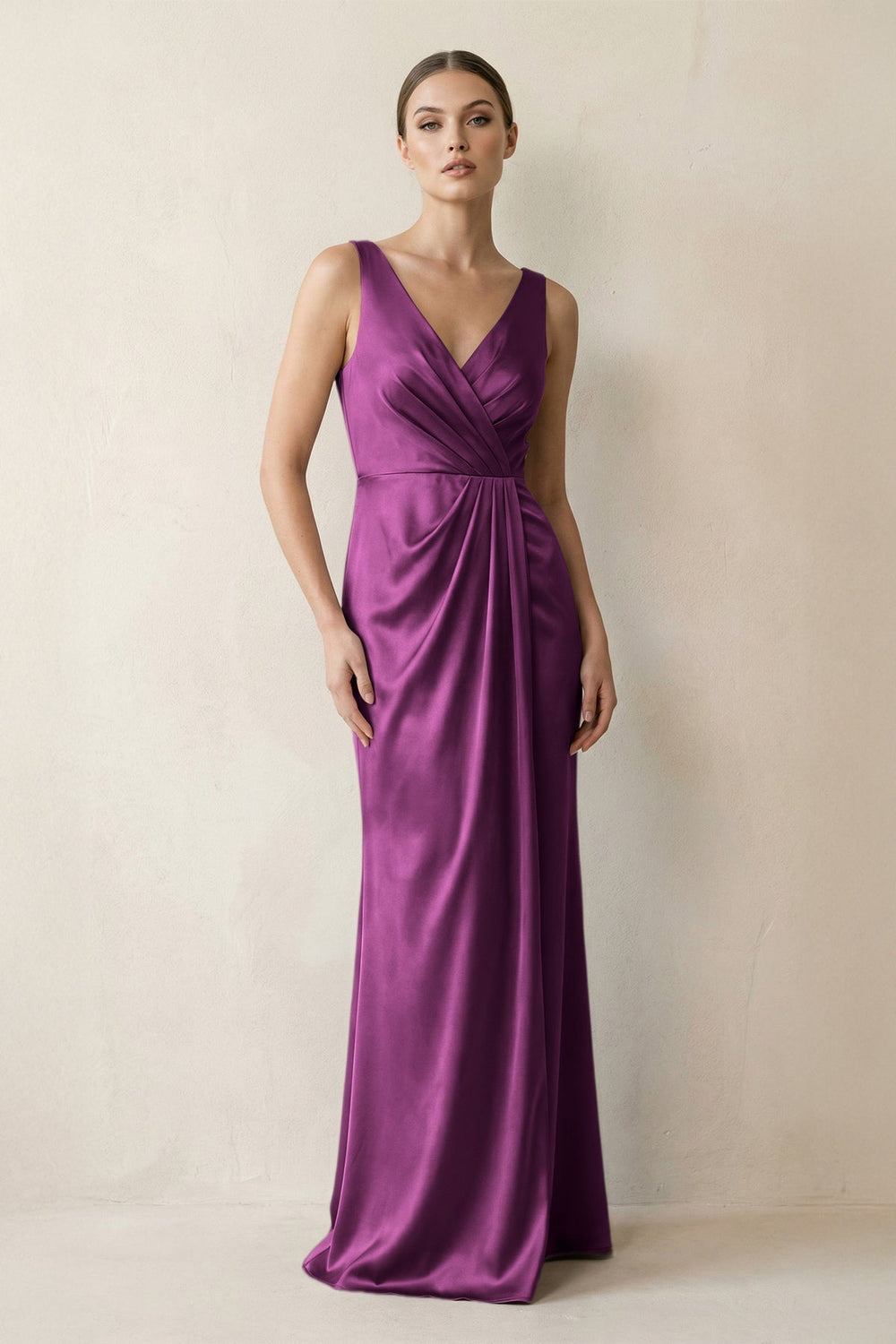 V-Neck Satin Ruched Sheath Bridesmaid Dress in Fig