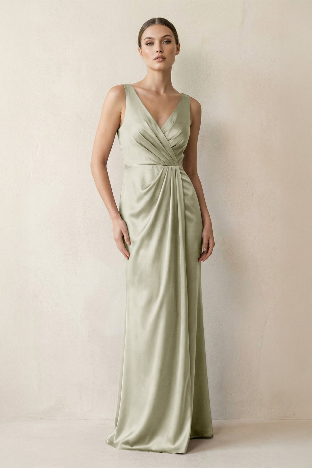 V-Neck Satin Ruched Sheath Bridesmaid Dress in Frost
