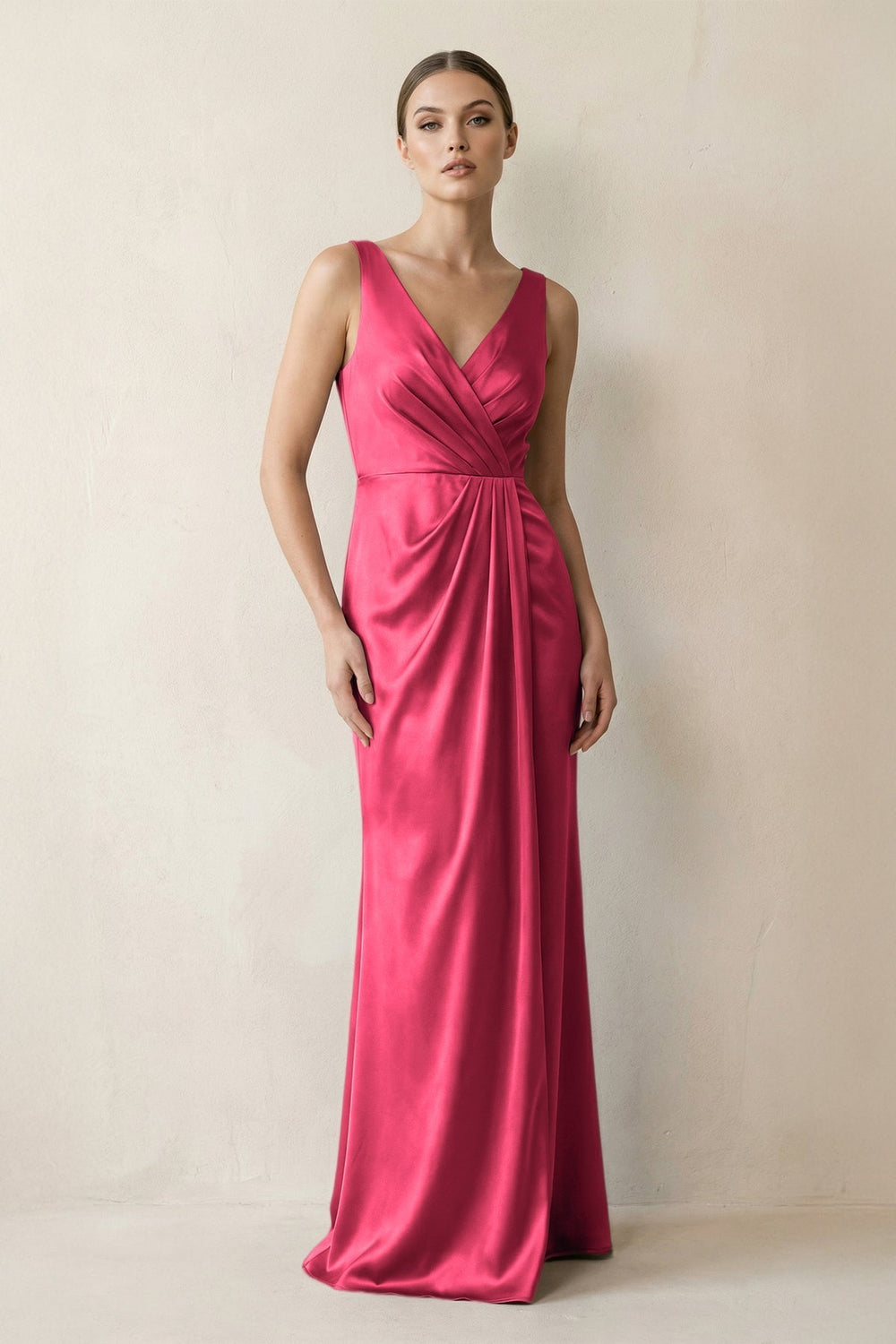 V-Neck Satin Ruched Sheath Bridesmaid Dress in Fuchsia