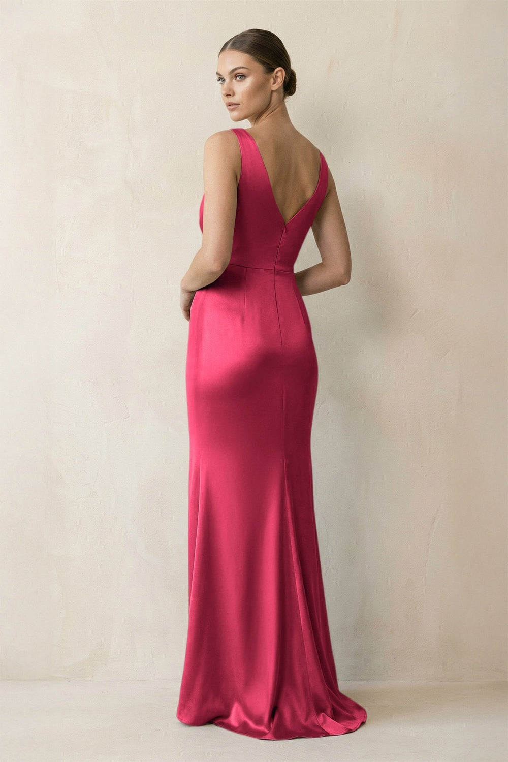 V-Neck Satin Ruched Sheath Bridesmaid Dress in Fuchsia