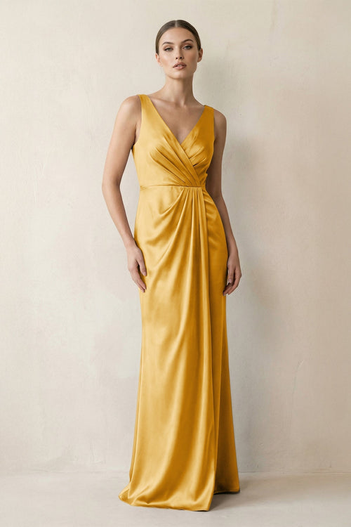 V - Neck Satin Ruched Sheath Bridesmaid Dress in Gold - KISS BRIDAL Bridesmaid Dresses