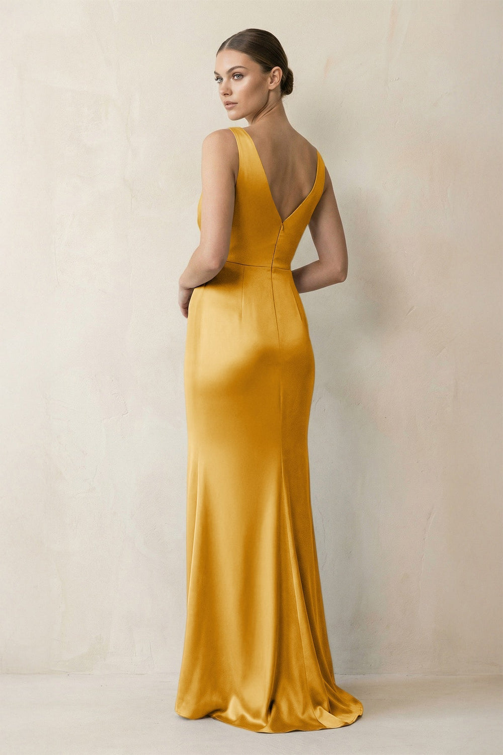 V-Neck Satin Ruched Sheath Bridesmaid Dress in Gold