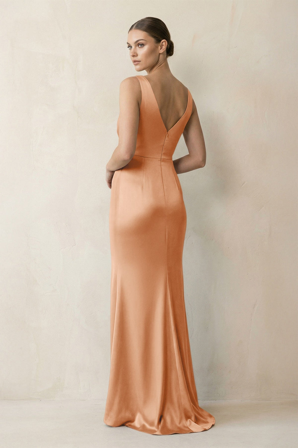 V-Neck Satin Ruched Sheath Bridesmaid Dress in Golden Champagne